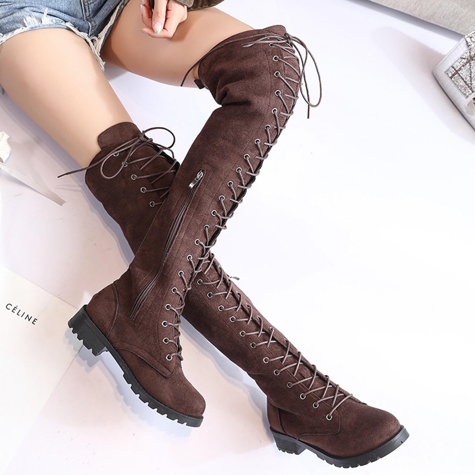 jsaierl Knee High Boots Women Winter Sexy Autumn Round Low-heeled Womens Lace Up Boots