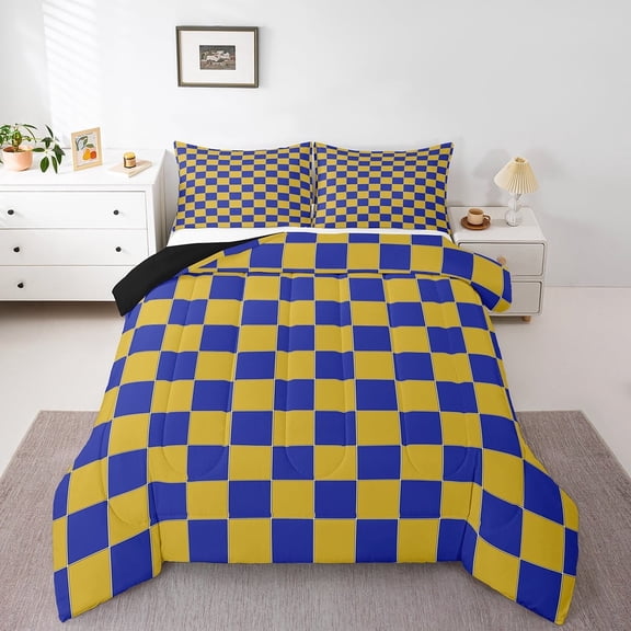 Erosebridal Geometric Plaid Quilt Set Twin Yellow Blue Brown Checkerboard Bedding Set Teen Adults,Checkered Grid Comforter Set Modern Aesthetic Bed Set Room Decor
