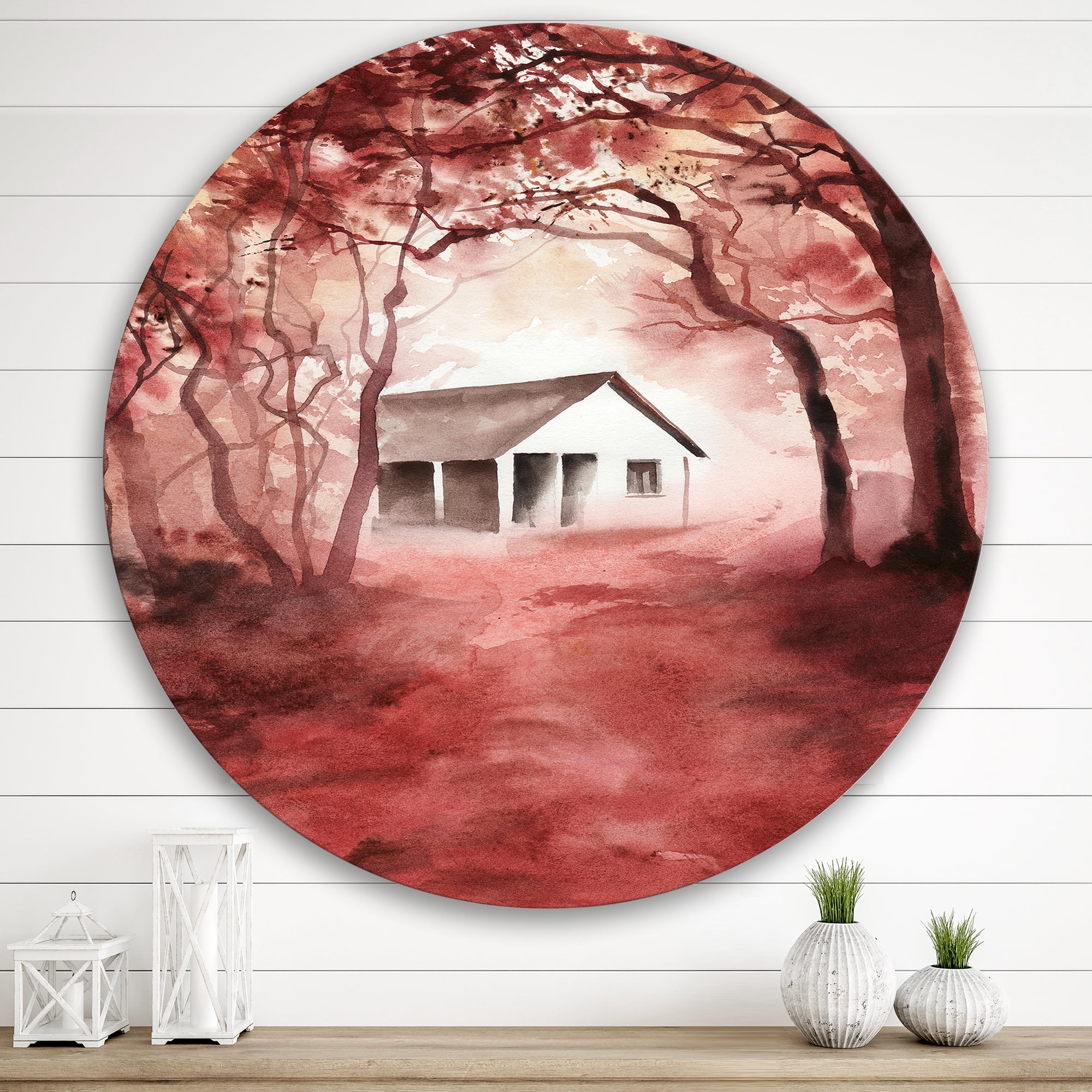 Designart 'Red Autumn Woods and A House in Wild' Cabin & Lodge Circle Metal Wall Art 36x36 - Disc of 36