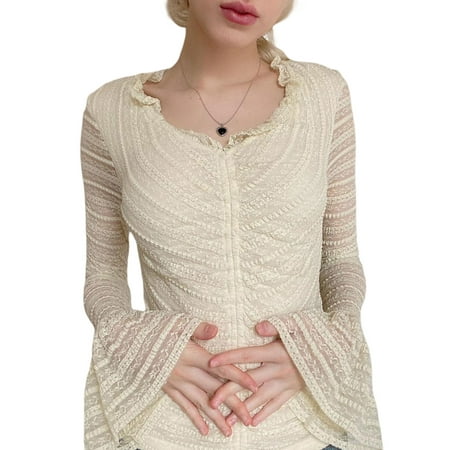 

Y2k Fairycore Lace Corset Tops Flared Long Sleeve Ruffle Slim Fit T Shirts Women Autumn Top Aesthetic Chic Streetwear