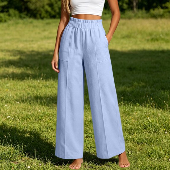 Ynynloco Wide Leg Pants Woman Cotton Linen High Waist Trousers with Pockets Casual Lounge Palazzo Pants Vacation Clothes