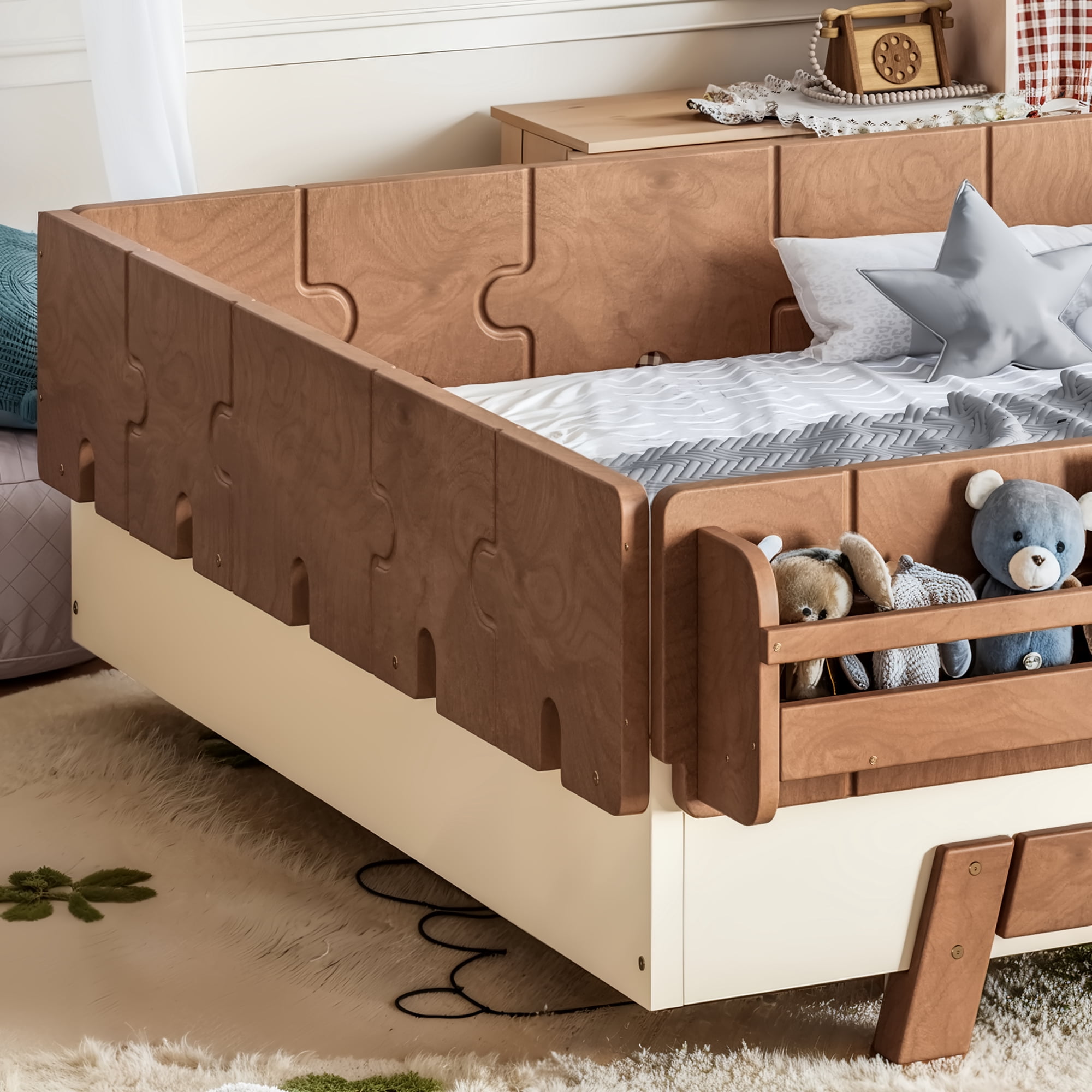 Mintazer Full Size Montessori Floor Bed Frame, Kids Puzzle Block Design Platform Bed with Guardrails & Bookshelf for Bedroom, Brown & Beige