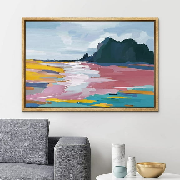 PixonSign Framed Canvas Print Wall Art Watercolor Vibrant Ocean Mountain Range Nature Wilderness Illustrations Modern Art Decorative Minimal Rustic for Living Room, Bedroom, Office - 24"x36" Natural