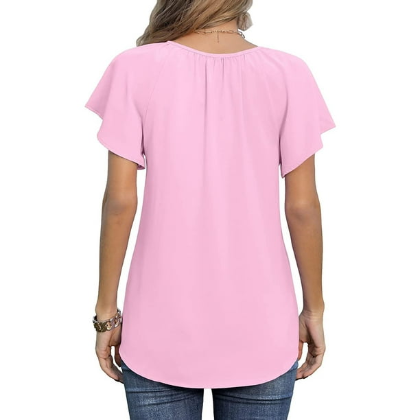 Women Casual T-Shirt Chiffon Blouse Short Sleeve Elegant V-Neck Solid Color Tunic  Top Summer Blouse Lace Blouses Shirts 