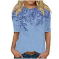 thumbnail image 2 of Sakmal Spring Tops for Women 2024 Elbow-Length Blue Graphic Crew Neck T-Shirts Womens Shirts for Summer, 2 of 5