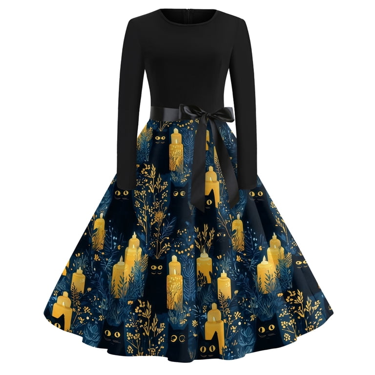 ghost ladies dresses Stralyhd Trick or Treat Womens Halloween Holiday Long Sleeve Dress Midi Dress Drawstring Spooky Horror Print Clothes Green XXL SID-EP56347