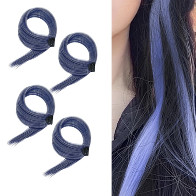 4 Uds. Pelucas teñidas con orejas colgantes, pelucas de cabello humano liso de colores, pelucas de Color sólido, extensiones de cabello, pinzas para e Azul profundo