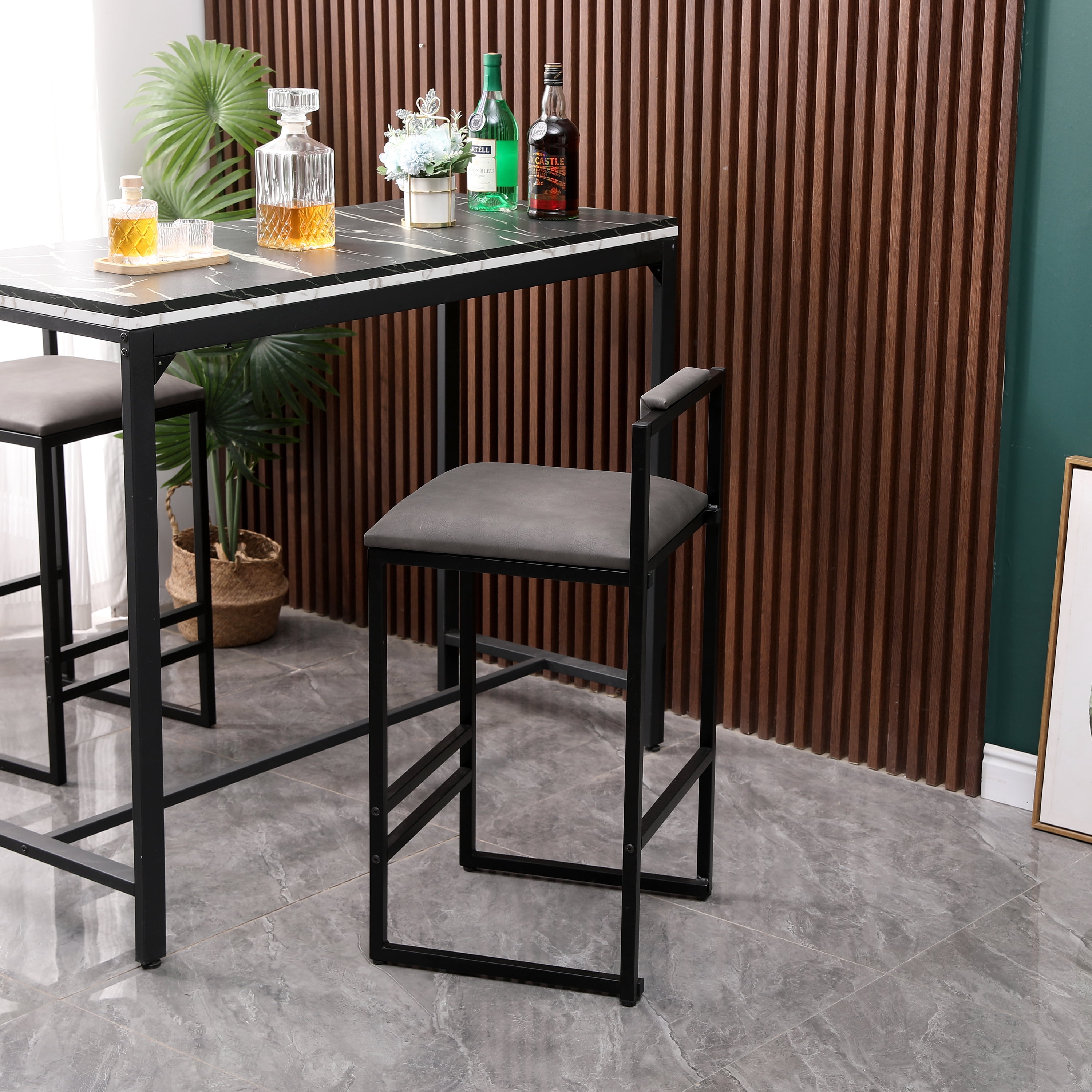 Miniyam 32" Bar Stools, Set of 2 Upholstered Barstools with Back, Faux Leather Farmhouse Bar Chairs Island Stools,Gray