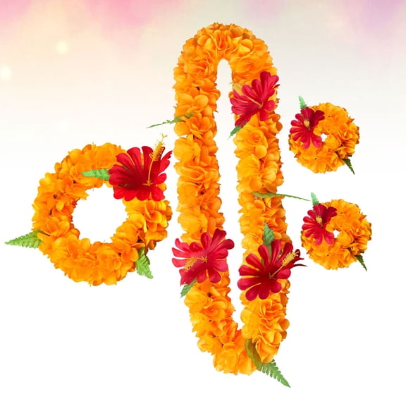 WRITWAA 4-Piece Hawaiian Set with Orange Floral Headband, Necklace, and Bracelet for Luau Party Accessories