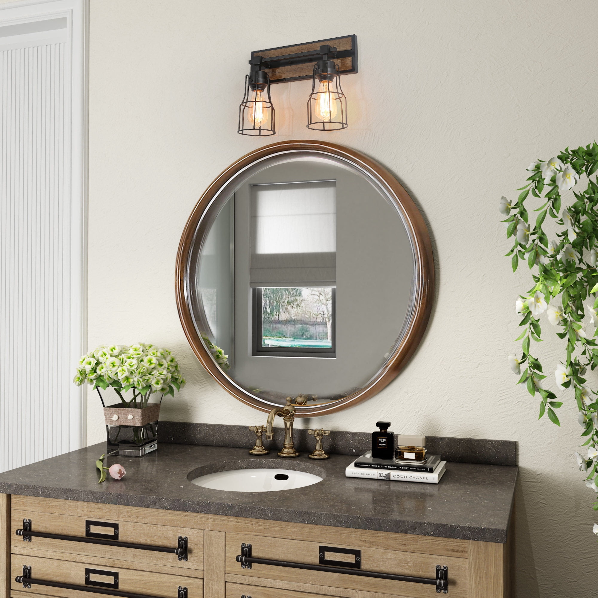 LNC 2-Light Black Geometric Modern Farmhouse Wood Tone Bathroom Vanity Lighting Fixutre