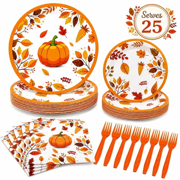 Fall Paper Plates Disposable Dinnerware Tableware Set for Thanksgiving Harvest Festival Party Supplies Serves 25（Orange Pumpkin）