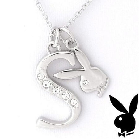 Platinum Plated Charm - Playboy Necklace Initial Letter S Pendant Bunny Charm Crystals Platinum Plated