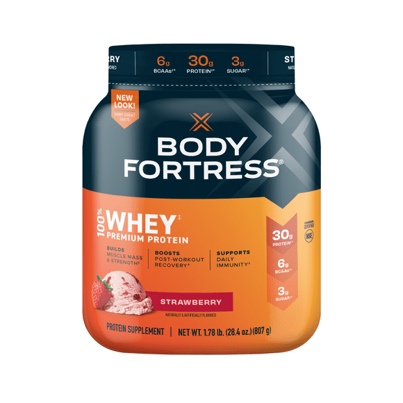 Body Fortress 100% Whey, Premium Protein Powder, Strawberry, 1.78lbs (Packaging May Vary)