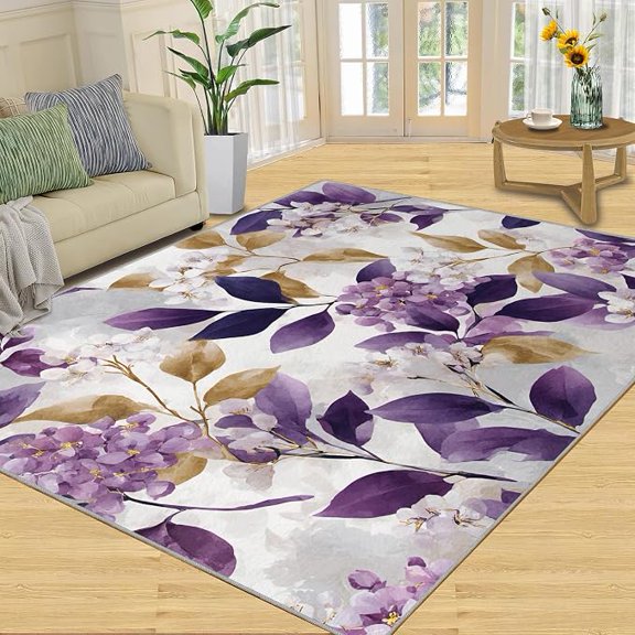 Floral Rugs for Living Room, Watercolor Flowers Rugs for Bedroom, Elegant Botanical Area Rug, Indoor Carpet, Non Slip & Low-Pile, Washable Rug & Home Decor 5 x 8ft