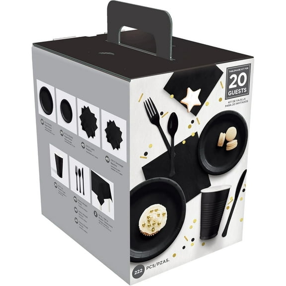 Jet Black Tableware Kit for 20 Guests - 1 Set - Durable & Stylish Party Supplies, Perfect for Celebrations & Events