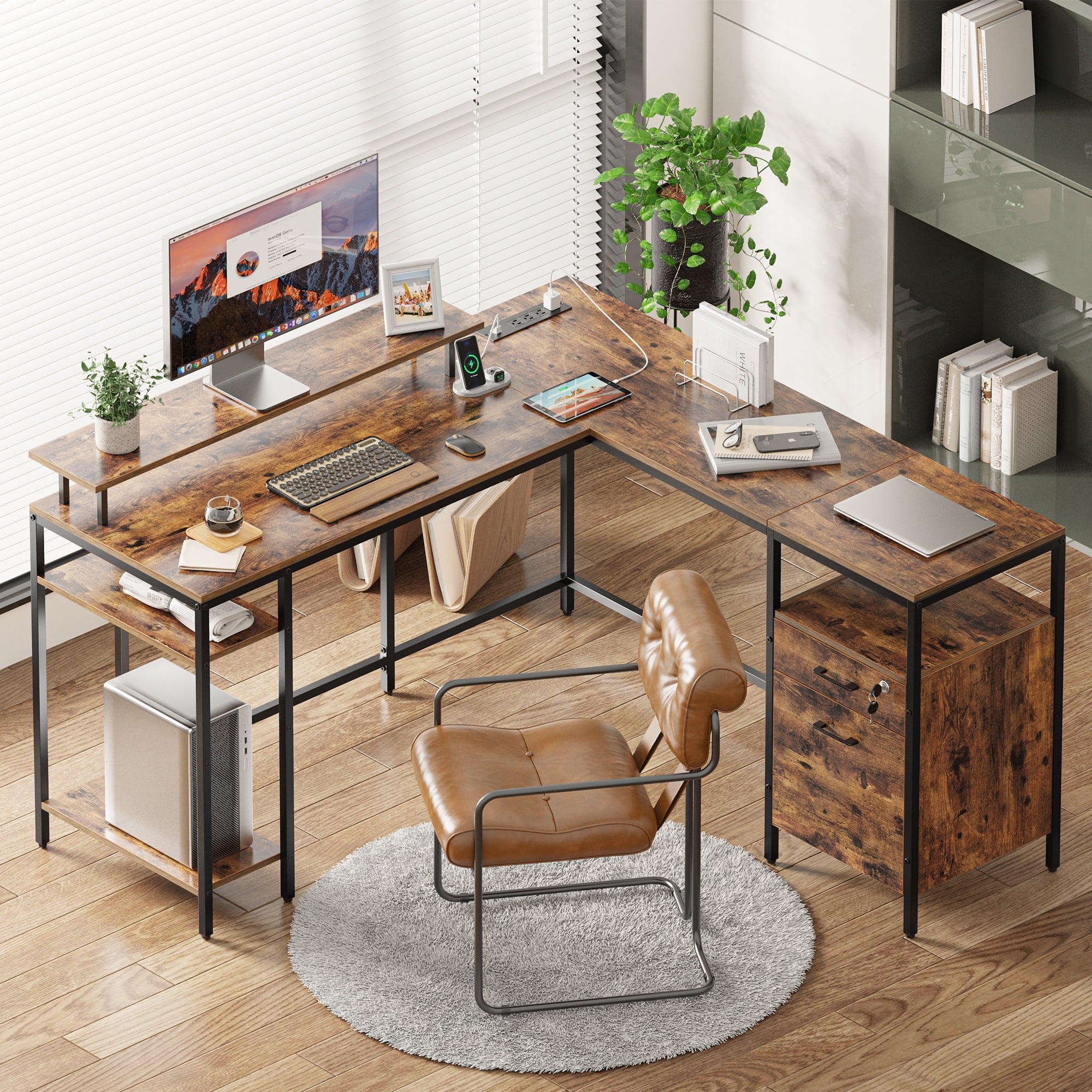 SUPERJARE Reversible LShaped Desk with Power Outlet & File