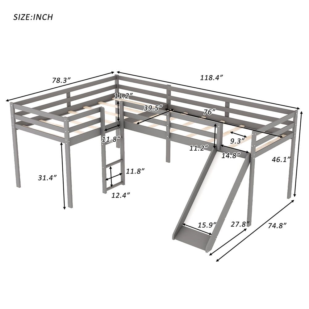 Kadyn L Shaped Loft Bed in Kid's Bedroom with Ladder and Slide, Gray Kadyn L Shaped Loft Bed in Kid's Bedroom with Ladder and Slide, Gray