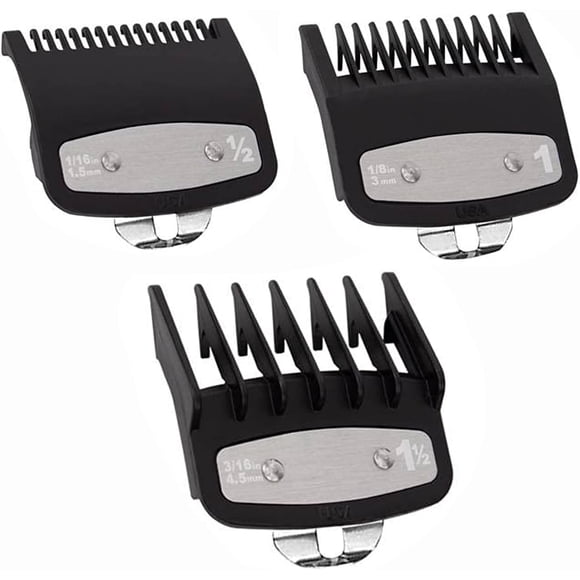 3 Pack Clipper Guards Premium Compatible with Wahl Hair Clippers Trimmers with Metal Clip - 3 Cutting Lengths is 1 1/2” ,1/2” and 1”(1.5,3,,4.5 mm) Fits Most Size Wahl Clippers Guide Combs,Black