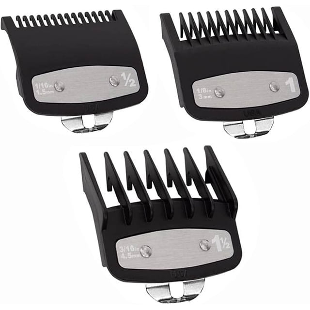 3 Pack Clipper Guards Premium Compatible with Wahl Hair Clippers Trimmers with Metal Clip - 3 Cutting Lengths is 1 1/2” ,1/2” and 1”(1.5,3,,4.5 mm) Fits Most Size Wahl Clippers Guide Combs,Black