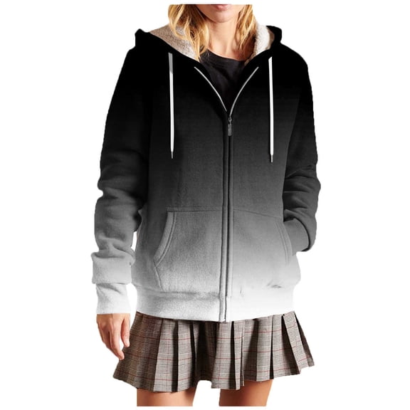 Uaswgudfs Women's Ombre Zip-Up Hoodie, Long Sleeve Drawstring Casual Jacket with Pockets - Trendy Outerwear Black L