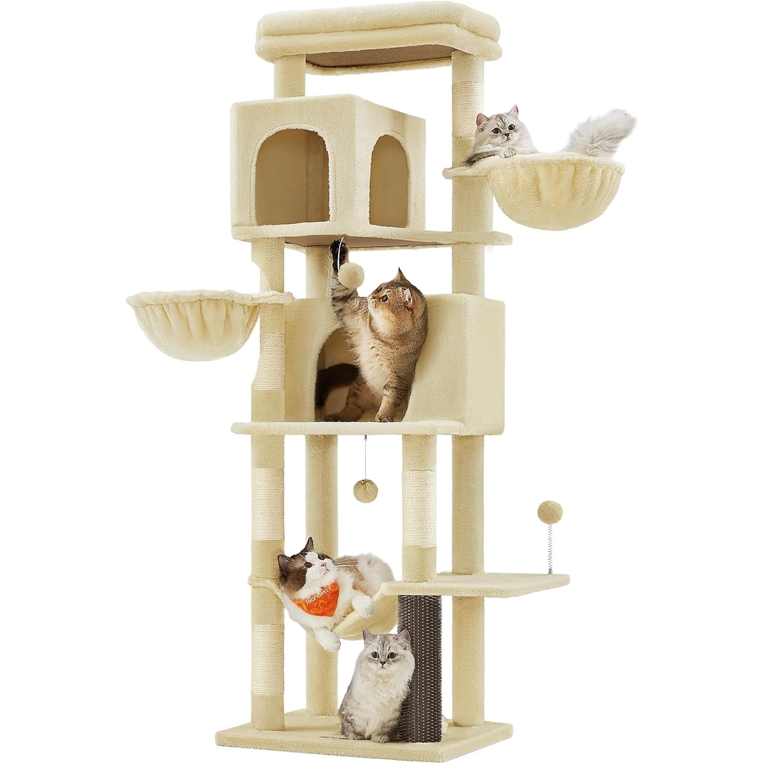 Cat Tree, 69-Inch Tall Cat Tower, Multi-Level Plush Condo with 2 Caves, 2 Baskets, 5 Scratching Posts, Self-Groomer, Perch, Hammock, Sand Beige