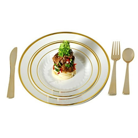 Ivory Narrow Rim Plate - Plastic Plates Disposable-Silverware Combo | Elegant Gold Rimmed Dishes and Plastic Gold Cutlery Dinner Service | Service for 24 (129-piece Bulk Set) IVORY / GOLD
