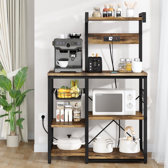 LinkRomat Bakers Rack with Power Outlets and Storage, Bakers Racks for Kitchens with 5 S-Hooks, Microwave Stand with Storage for Kitchen & Dining