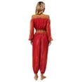 thumbnail image 6 of TiaoBug Womens Belly Dance Costume Long Sleeve Off Shoulder Crop Top+Sequined Dots Chiffon Pants Set Red One Size, 6 of 7