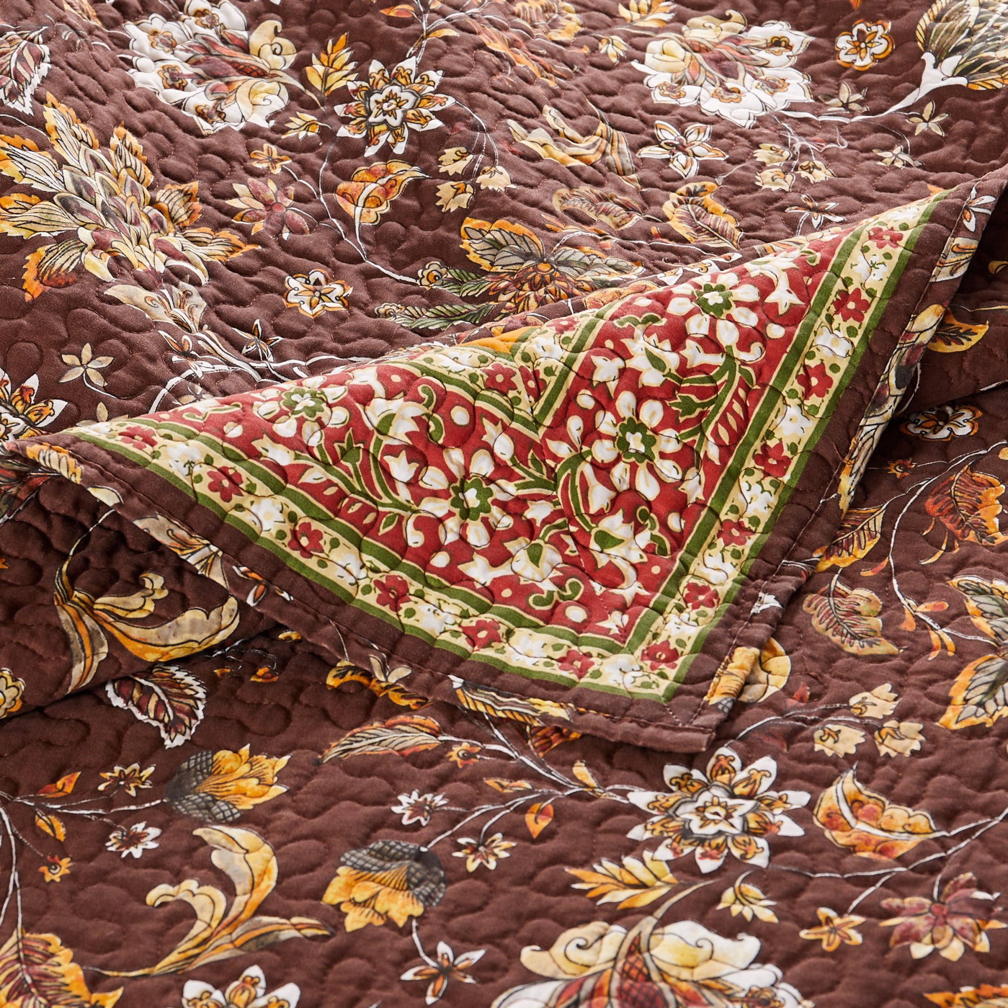 Barefoot Bungalow Audrey Vintage Floral Quilt Set, Reversibe, 2-Piece Twin-XL, Chocolate