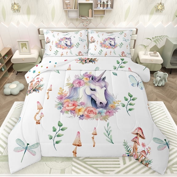 Feelyou Kids Magical Unicorn Bedding Comforter Set, Spring Flower Floral Plant Twin Comforter Sets, Jungle Mushroom Reversible Bedding Set, Breathable Home Decor, 2pcs