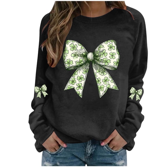 St Pattys Shirts Women Green Long Sleeve Top Shamrock Crewneck Sweatshirt Bow Print Pullover St Patrick's Day Shirt Women