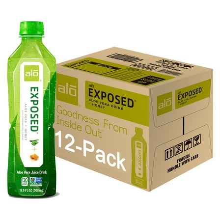 ALO Exposed Aloe Vera Juice Drink   Honey, 12 x 16.9 Fl oz bottles, Made with Real Aloe Vera Pulp & Juice Straight from the Leaf, Plant-Based with Real Pulp