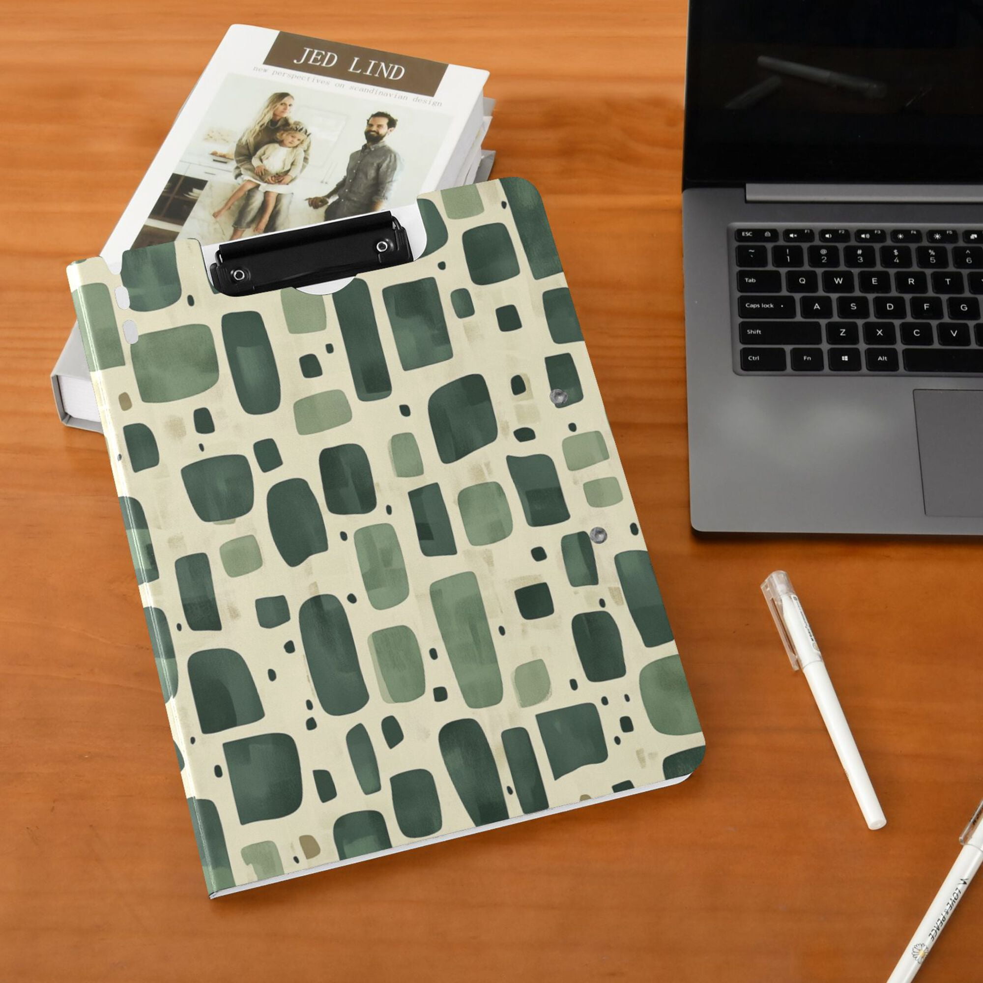 FORMRS A4 Clipboard Folder with Pen Holder Horizontal Foldable School Office Binder, Green Geometric