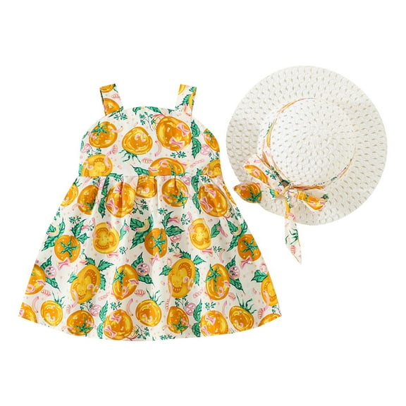 Mercatoo Toddler Girl Casual Dress Sleeveless Summer Floral Dresses   𝐒traw Hat 2Pcs Set Baby Girls Beach Sundress