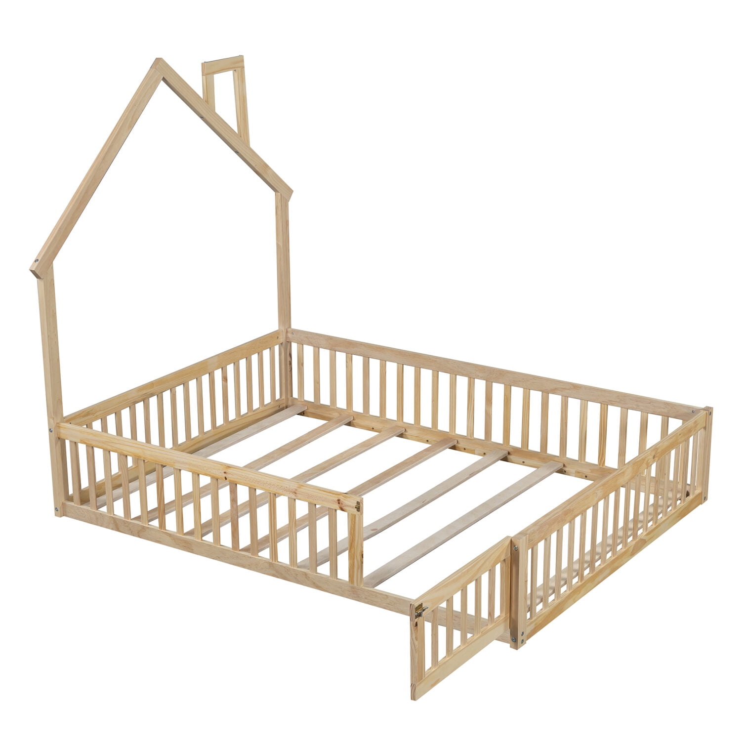 Full Size Floor Bed with Door and Slats,Montessori Floor Bed with Safety Guardrails,House Platform Bed for Girls and Boys,Natural
