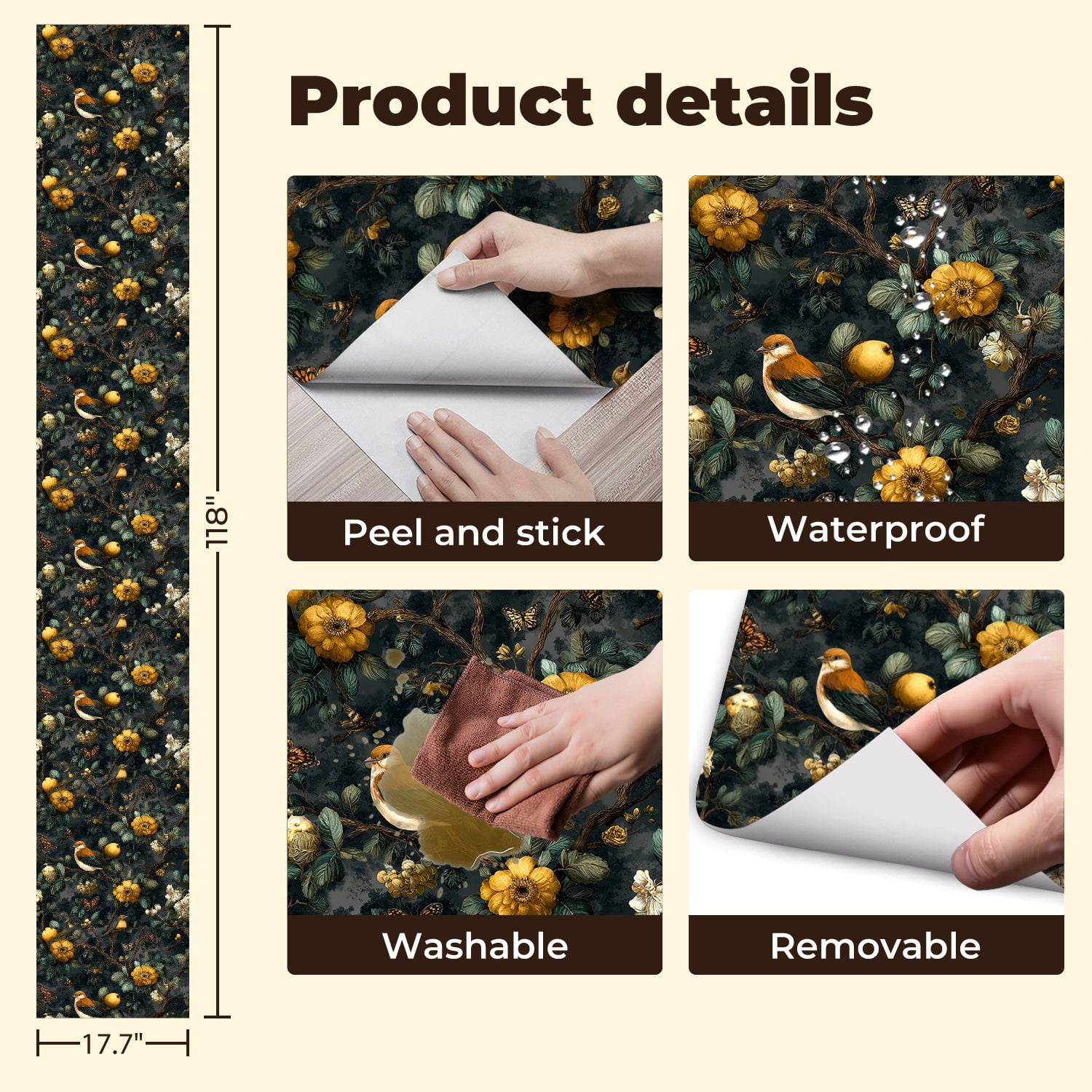 Peel and Stick Wallpaper 17.7in x 9.8ft Vintage Botanical Birds Butterflies Golden Flowers Dark Contact Paper Vinyl Self-Adhesive Removable Wall Paper for Bedroom DIY Home Decor Renter Friendly