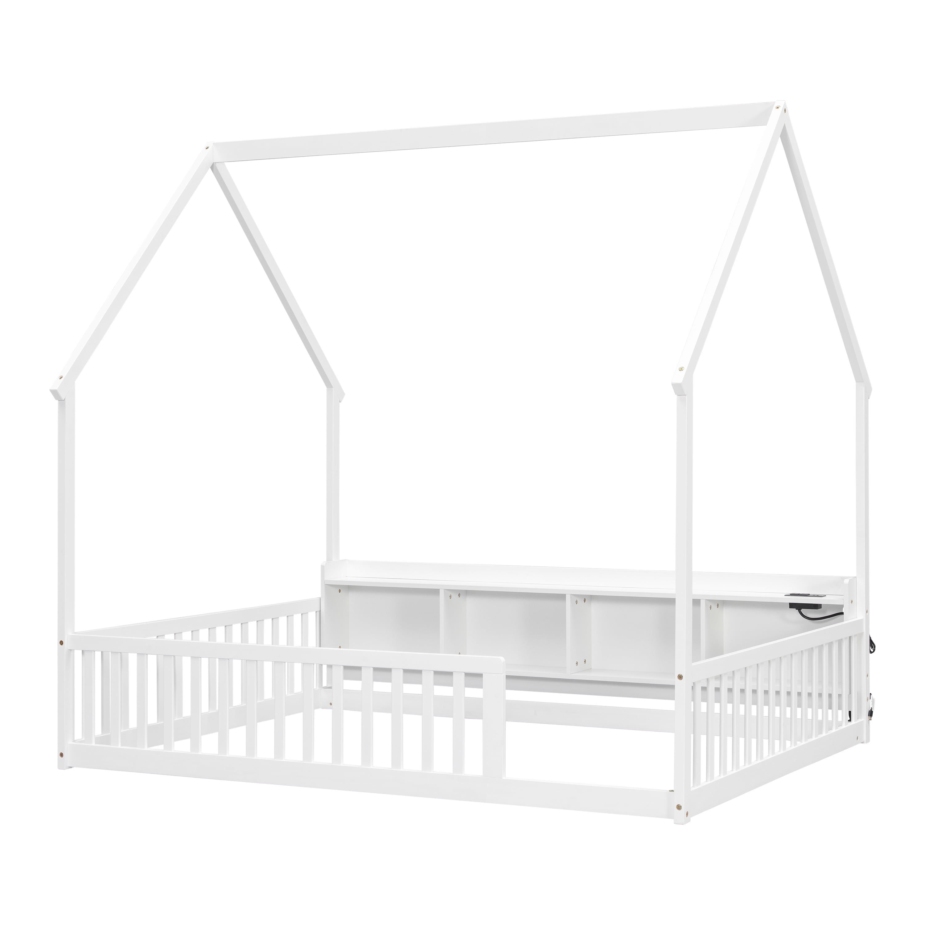 Floor Bed with House Design and Storage Shelves, Full Pine Wood Platform Bed and Charging Station Bed Frame with LED Lights and Guardrails, White