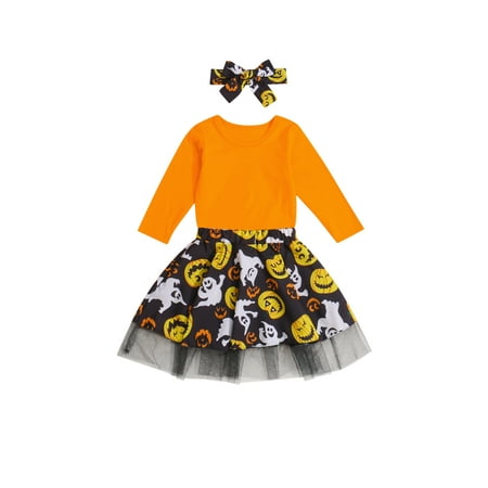 

ZIYIXIN Toddler Baby Girl Halloween Outfit Long Sleeve T-Shirt Top Pumpkin Print Tulle Skirt Headband 3Pcs Clothes Yellow 2-3 Years