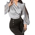 thumbnail image 5 of HUBERY Women Satin Fold V Neck Pleated Lantern Long Sleeve Solid Color Top, 5 of 7