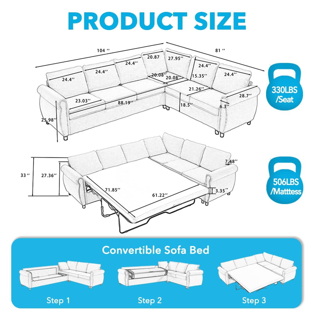 Tabaray Modern L Shaped Sleeper Sofa Bed with Mattress Bed, 104"Pull Out Sleeper Couch Bed Small Full Size,  6 Seater Sectional Furniture Sets for Living Room, Bedroom, Apartment