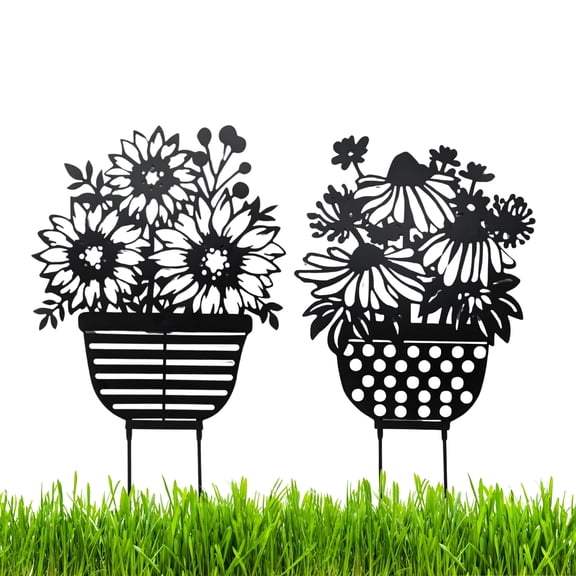 Set of 2 Metal Flower Stakes and Wall Plaque Decor, Dual-Function Black Metal Garden Stakes and Farmhouse Floral Wall Art for Indoor Outdoor Yard Decorations, Housewarming Garden Gift Idea