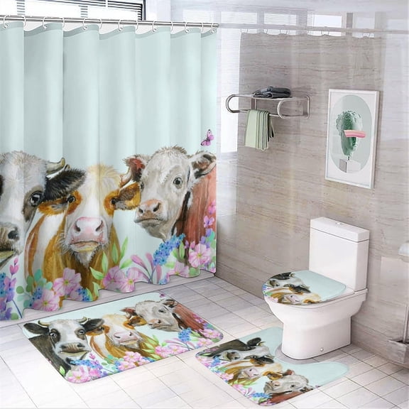 Shower Curtain set Bathroom Rugs Set of 4, Horse Flowers Bath Mat Shower Curtain with Hooks Toilet Lid Cover Bathroom Decor Accessories for Tub Home Hotel Farmhouse
