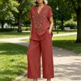 thumbnail image 2 of Botanical Embroidered Linen Set for Women, V-Neck Short Sleeve Tunic Top with Wide Leg Palazzo Pants - Boho Summer Vacation Co-ord Outfit Wine XXL, 2 of 8