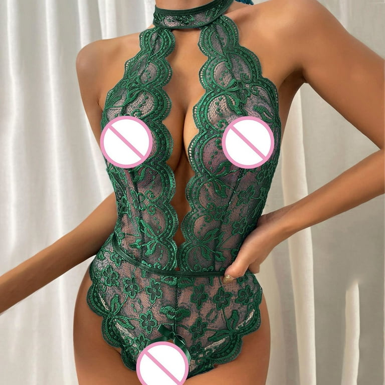 Ladies Erotic Lingerie Bodysuit Perspective Jumpsuit Dark Green Xxl Women  Jumpsuit Push Up Lingerie Roleplay Lingerie Women Lingerie Lace Tops for