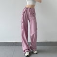thumbnail image 2 of ManxiVoo Cargo Pants for Women, Women's Autumn/Summer Thin Wide Leg Ice Silk Loose Straight Pocket Strap Casual Pants Dickies Work Pants Pink2 XL, 2 of 4