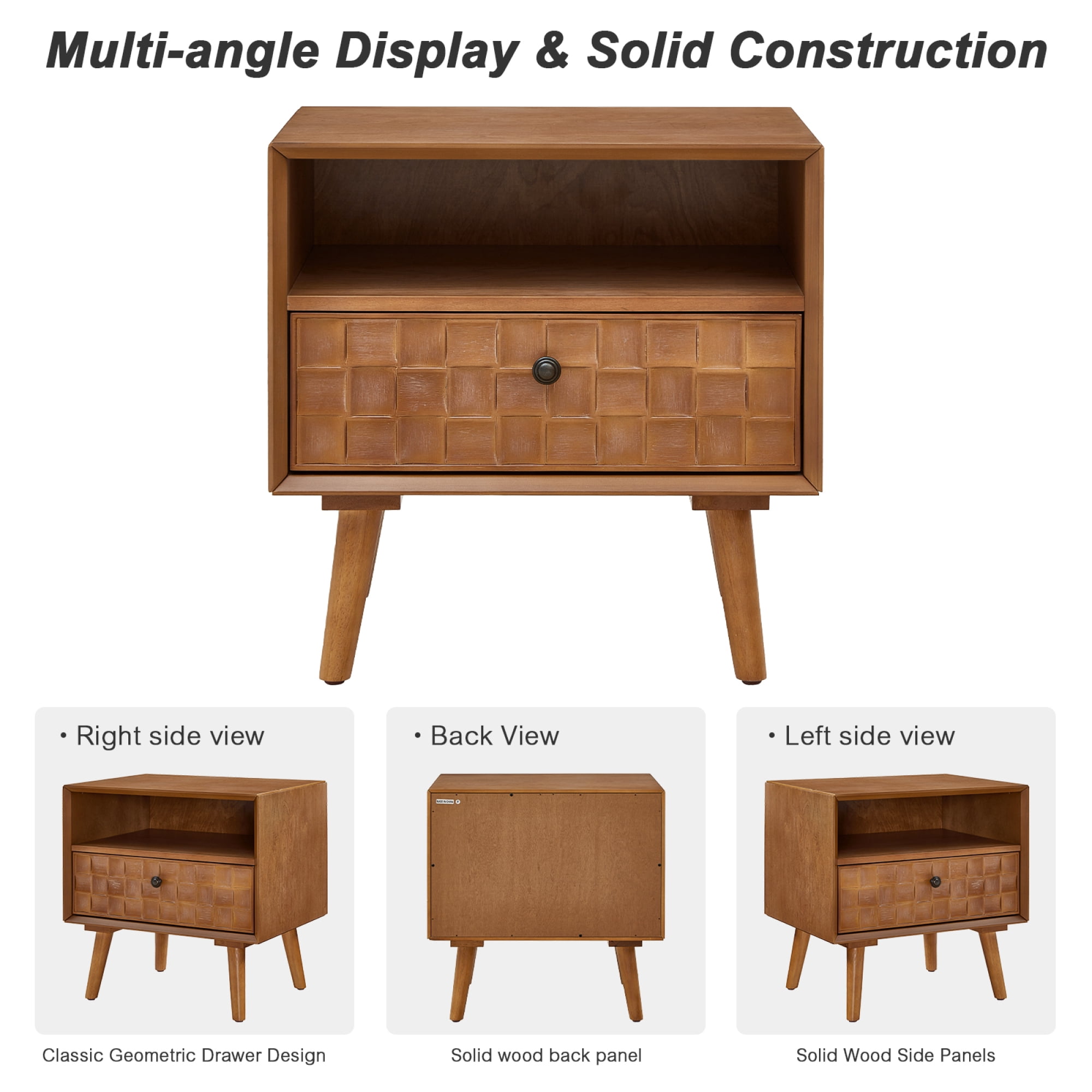 Leumius 22" Mid-Century Modern Wood Nightstand with Carved Geometric Drawer Front, 1 Drawer and Open Shelf, Solid Wood Legs, Bedside Table for Bedroom Oak