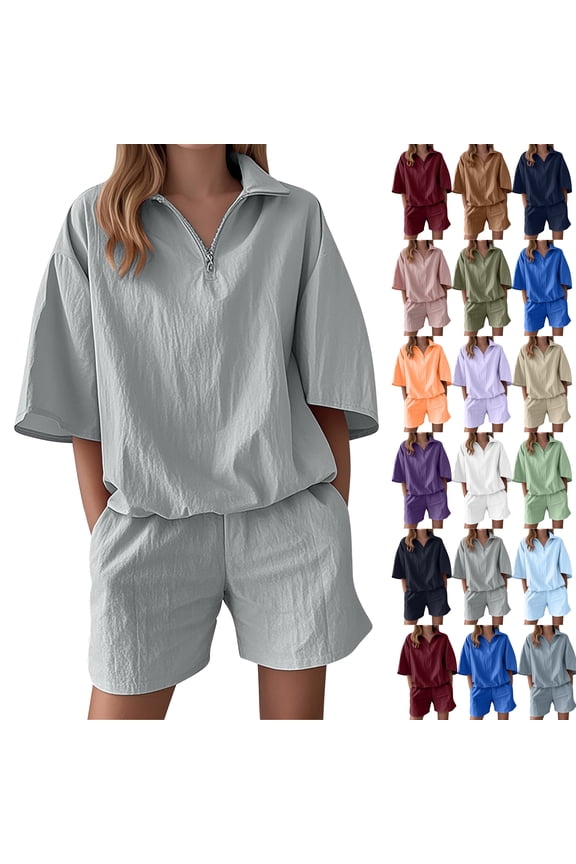 Summer Matching Sets For Women 2 Piece Casual Solid Color Short Sleeved Tops Stretch Waistband Shorts 2026 Two Piece Lounge Set Matching Clothing