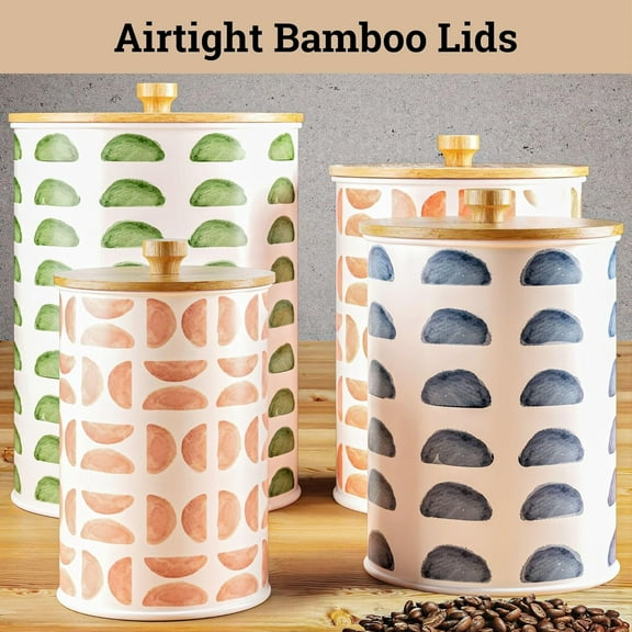 Patterned Iron Kitchen Canisters Set of 4 - Airtight Flour Sugar Coffee Canisters with Lids - White Jar for Countertop