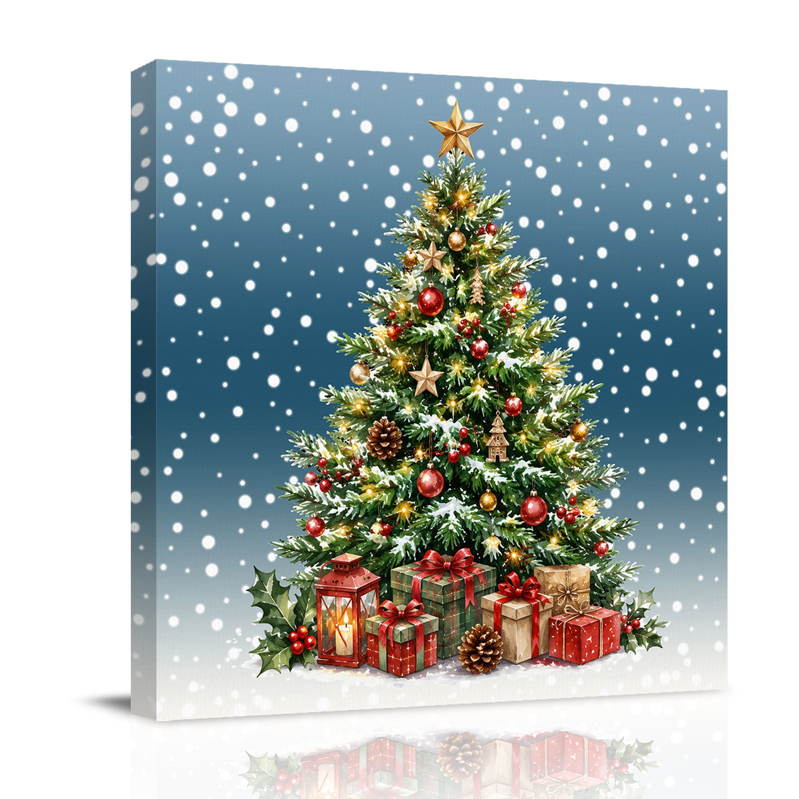 Canvas Wall Art Merry Christmas Framed Canvas Prints for Bathroom Desk Xmas Trees Snowflakes Gifts Ombre Blue Small Gallery Wrapped Wall Decor for Home Office Gifts 8 x8 Ship Next Day