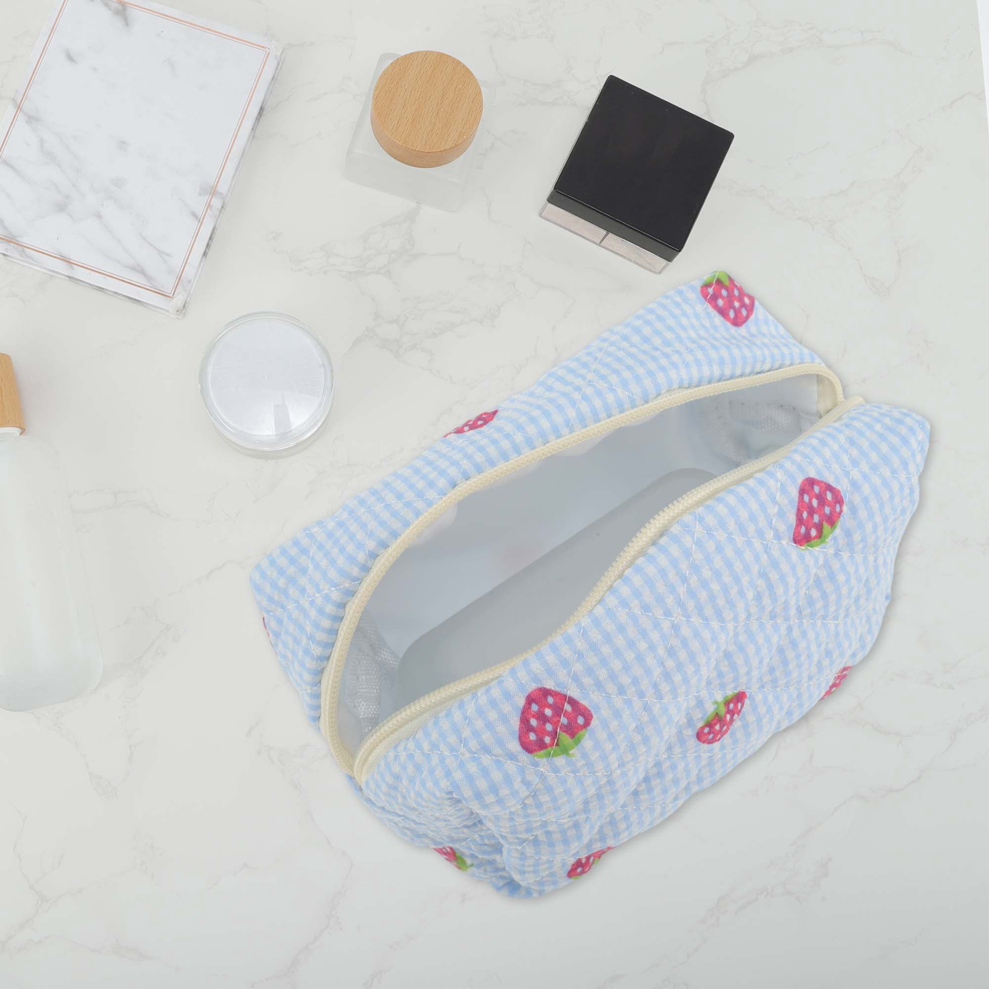 Unique Bargains 1 Pc Strawberry Makeup Bag Blue [Quilted Stripe Strawberry Square]